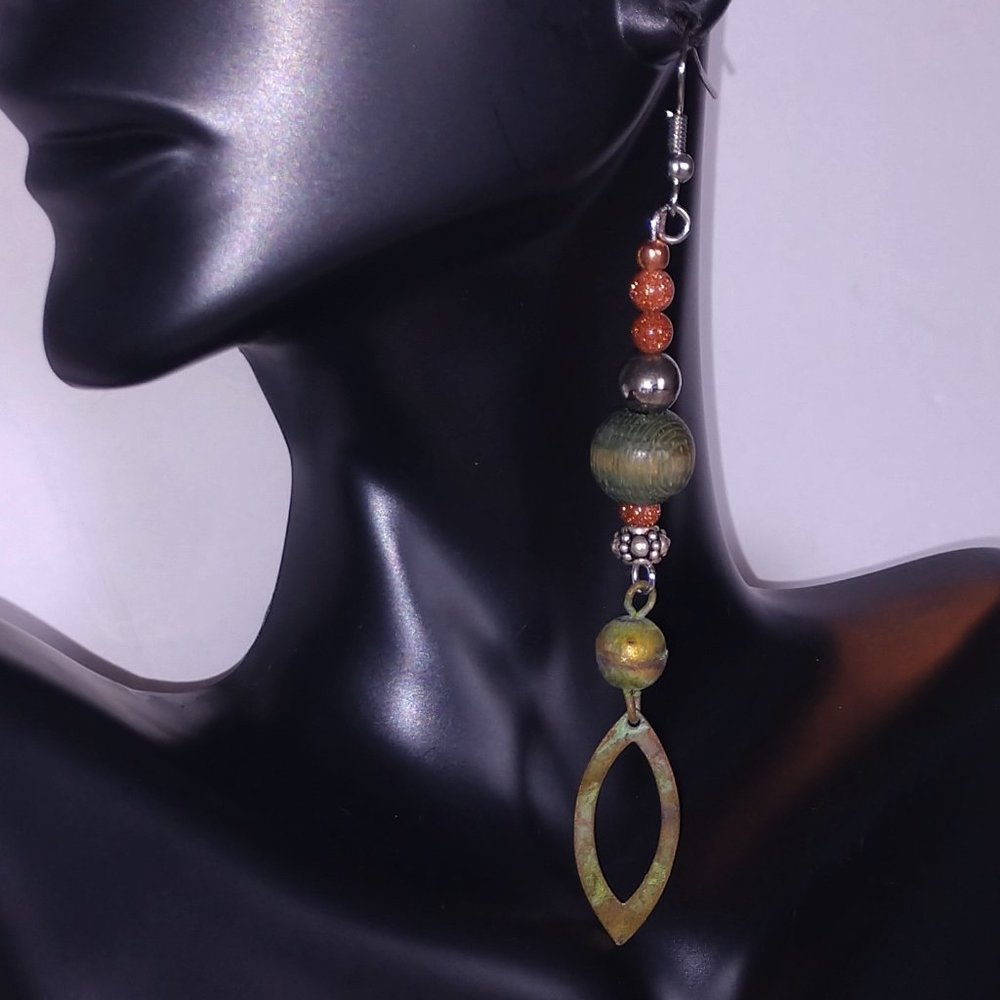 Handmade Green and Copper Color Earrings With Wooden Beads on Fishhook Wires